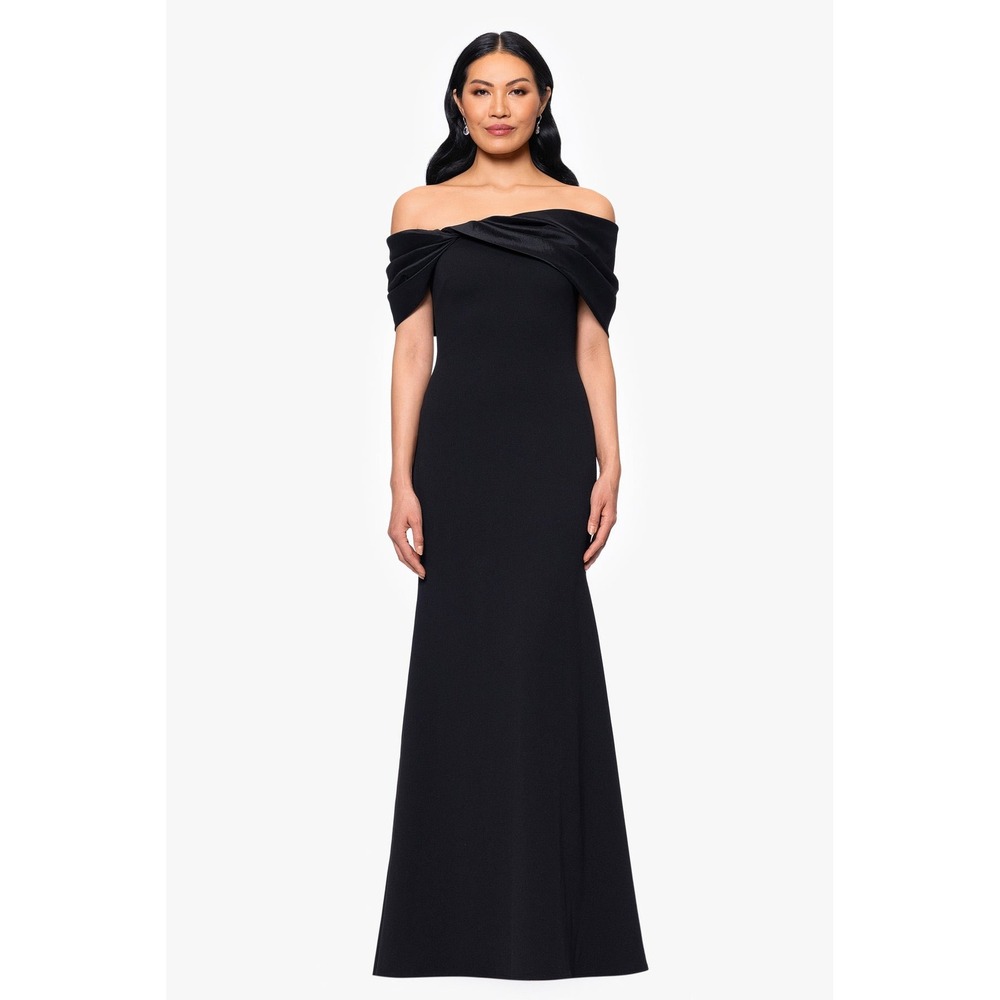 New Betsy Adam Womens Black Off The Shoulder Draped Scuba Crepe Gown Dress Sz10